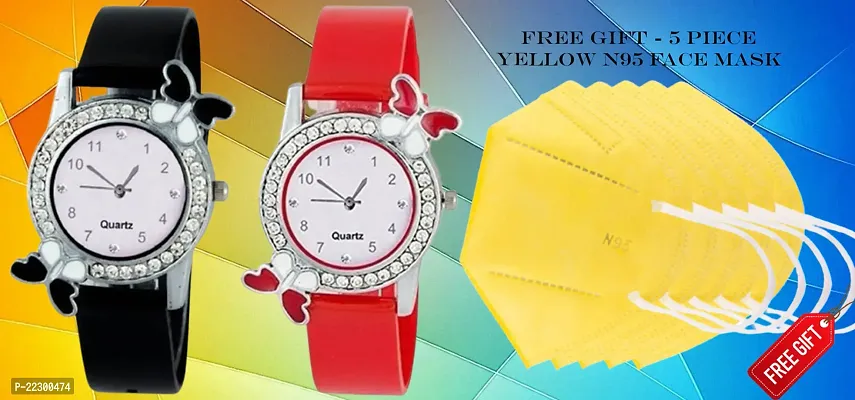 Butterfly Design White Dial PU Belt Women Analog Watch With Free Gift 5 Piece Yellow N95 Mask