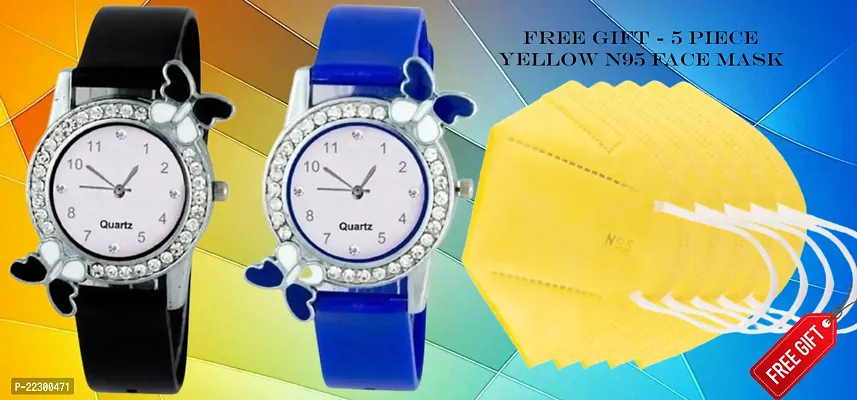 Butterfly Design White Dial PU Belt Women Analog Watch With Free Gift 5 Piece Yellow N95 Mask