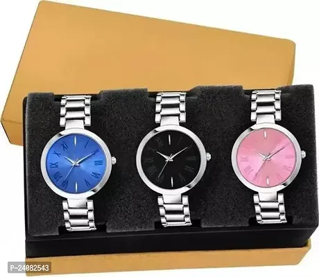 New Sylish Blue Black Pink Dial With Silver Dial Chain Srap Analog Watch  For Girls / Women Pack Of 3-thumb0