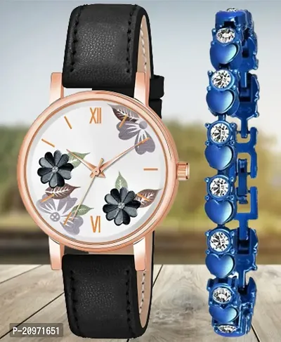 Black Flower Dial Black Belt Analog Watch With Diamond Blue Bracelet For Beautiful Women/Girls-thumb0