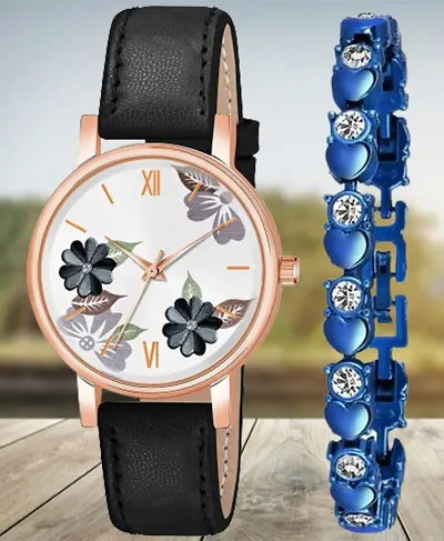 Flower Dial Belt Analog Watch With Diamond Bracelet For Beautiful Women/Girls