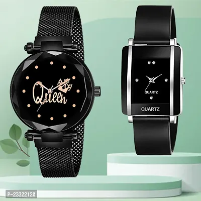 Queen Design Black Dial Black Mesh Megnetic Strap With Rectangle Black Dial Black PU Belt Analog Watch Form Women/Girls-thumb0