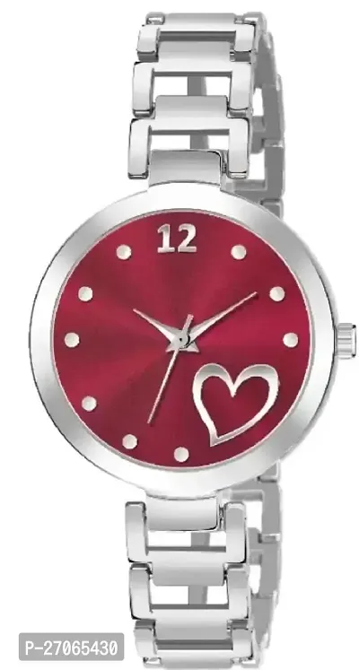 Unique Design Heart Love Maroon Dial and Metal Mesh Silver strap Analog watch for girls and women