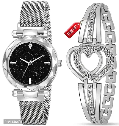 Sky Dial Magnetic Silver Mesh Strap Analog Watch With Free Gift Heart Silver Bracelet Only For You-thumb0