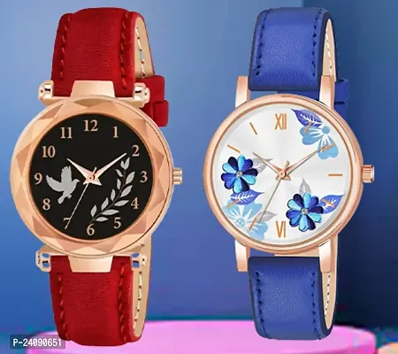 Bird Leaf Design Dial Red Synthetic Leather Belt With Blue Flower Blue Synthetic Leather Belt Analog Watch For Girls / Women