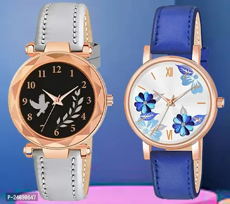 Bird Leaf Design Dial Grey Synthetic Leather Belt With Blue Flower Blue Synthetic Leather Belt Analog Watch For Girls / Women