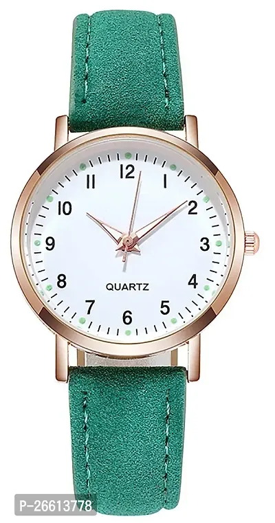 Uniqe Design White Dial Green Leather Belt Analog Women Watch