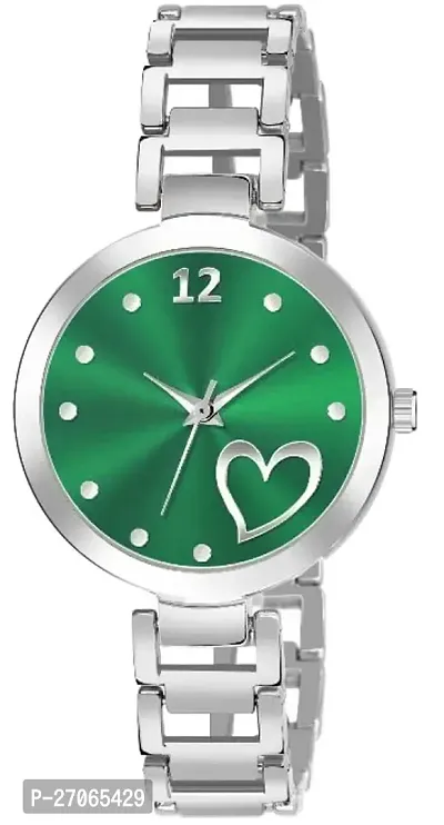 Unique Design Heart Love Green Dial and Metal Mesh Silver strap Analog watch for girls and women-thumb0