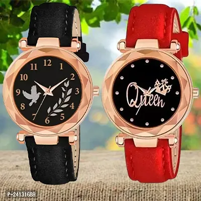 Bird Leaf Design Dial Black Synthetic Leather Belt With Queen Dial Red Synthetic Leather Belt Analog Watch For Girls / Women