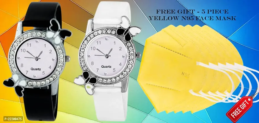 Butterfly Design White Dial PU Belt Women Analog Watch With Free Gift 5 Piece Yellow N95 Mask