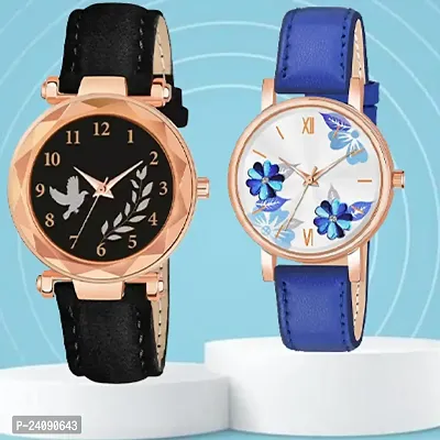 Bird Leaf Design Dial Black Synthetic Leather Belt With Blue Flower Blue Synthetic Leather Belt Analog Watch For Girls / Women