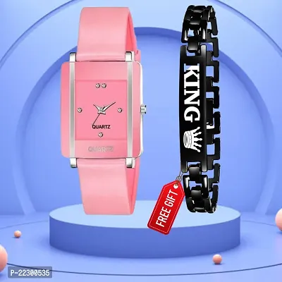 Rectangle Pink Dial Pink PU Belt Analog Women Watch With Free Gift King Black Bracelet-thumb0