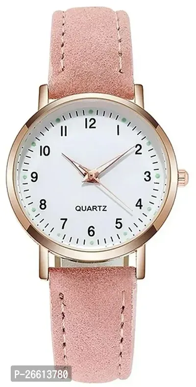 Uniqe Design White Dial Peach Leather Belt Analog Women Watch