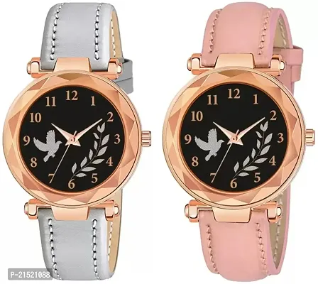 Bird And Leaf Classic Design Black Dial Grey  Pink Leather Strap Analog Watch For Girls/Women Pack Of 2