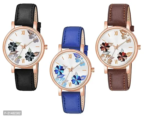 Unique Design Multicolor Flower Dial Multicolor Leather Belt Analog Combo watch for Women/Girls Pack Of 3