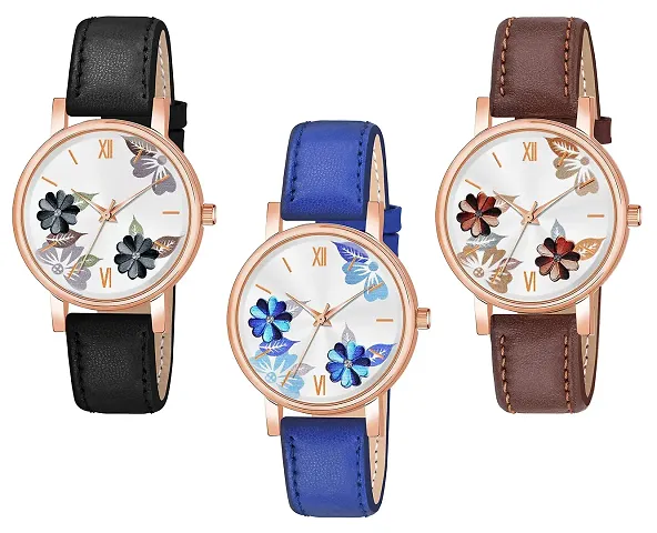 Unique Design Flower Dial Leather Belt Analog Combo watch for Women/Girls Pack Of 3