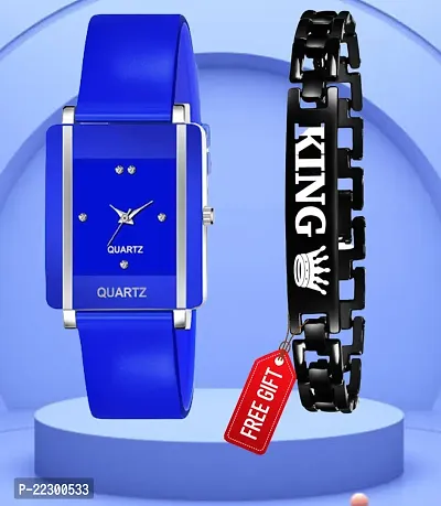 Rectangle Blue Dial Blue PU Belt Analog Women Watch With Free Gift King Black Bracelet