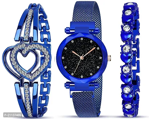 Diamond Studded Sky Dial Blue Magnetic Belt Analog Watch With Blue Heart Shap  Diamond Bracelet For Women/Girls Pack Of 3