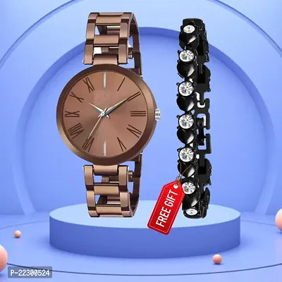 Brown Dial Brown Chain Strap Women Anlaog Watch With Free Gift Diamond Black Bracelet