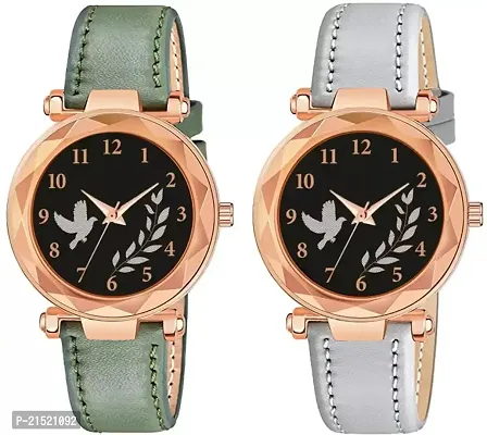 Bird And Leaf Classic Design Black Dial Grey  Green Leather Strap Analog Watch For Girls/Women Pack Of 2