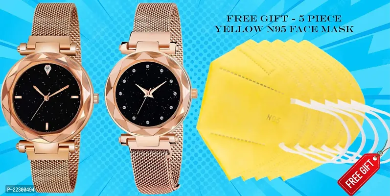 Diamond Studded Sky Dial Magnetic Mesh Belt Women Analog Watch With Free Gift 5 Piece N95 Yellow Mask