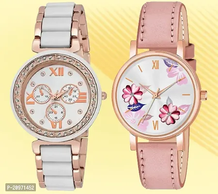 Mina White Dail Mesh Belt Analog Watch With Peach Flower Dial Peach Belt Analog Watch  For Women/Girls Pack Of 2