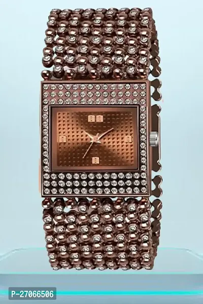 Diamond Studded  Rectangular Brown Dial With Brown Mesh Strap Bracelet Type Analog Watch For Women