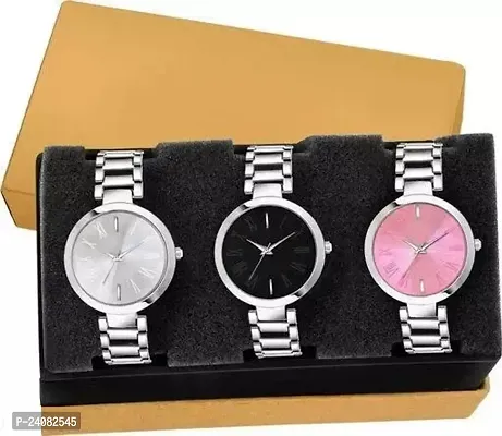 New Sylish  Silver Black Pink Dial With Silver Dial Chain Srap Analog Watch  For Girls / Women Pack Of 3-thumb0