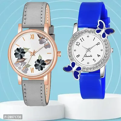 Grey Flower Dial Grey Belt Analog Watch With day-flying Design White Dial Blue PU Belt For Women/Girls