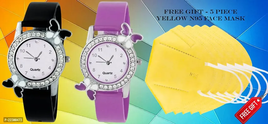 Butterfly Design White Dial PU Belt Women Analog Watch With Free Gift 5 Piece Yellow N95 Mask