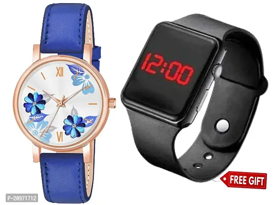 Blue Flower Dial Blue Belt Analog Watch For Women/Girls With Free Gift Square Digital Black Watch For Your Lovely Boys/Girls-thumb0