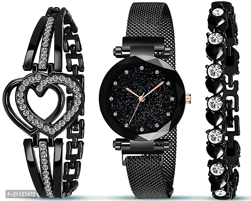 Diamond Studded Sky Dial Black Magnetic Belt Analog Watch With Black Heart Shap  Diamond Bracelet For Women/Girls Pack Of 3