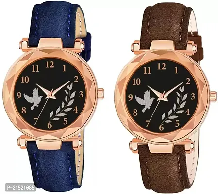 Bird And Leaf Classic Design Black Dial Blue  Brown Leather Strap Analog Watch For Girls/Women Pack Of 2