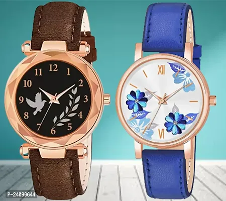 Bird Leaf Design Dial Brown Synthetic Leather Belt With Blue Flower Blue Synthetic Leather Belt Analog Watch For Girls / Women-thumb0