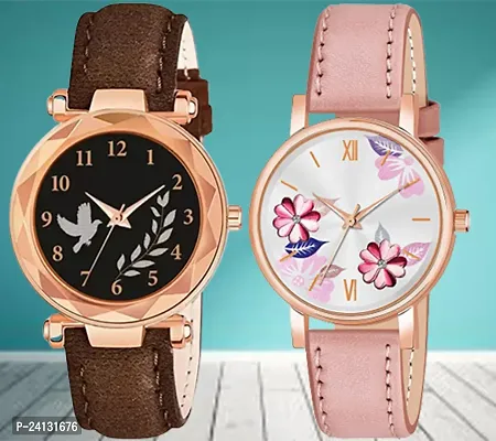 Bird Leaf Design Dial Brown Synthetic Leather Belt With Peach Flower Peach Synthetic Leather Belt Analog Watch For Girls / Women