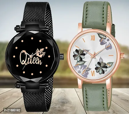 Queen Black Dial Megnetic Black Mesh Strap Green Flower Dial Green Belt Analog Combo Watch For Girls/Women