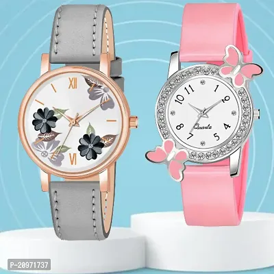 Grey Flower Dial Grey Belt Analog Watch With day-flying Design White Dial Pink PU Belt For Women/Girls