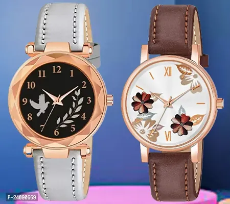 Bird Leaf Design Dial Grey Synthetic Leather Belt With Brown Flower Brown Synthetic Leather Belt Analog Watch For Girls / Women-thumb0