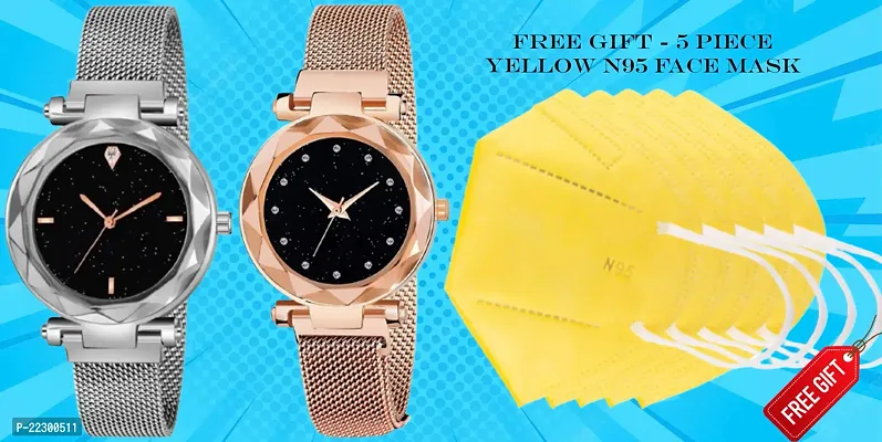 Diamond Studded Sky Dial Magnetic Mesh Belt Women Analog Watch With Free Gift 5 Piece N95 Yellow Mask-thumb0