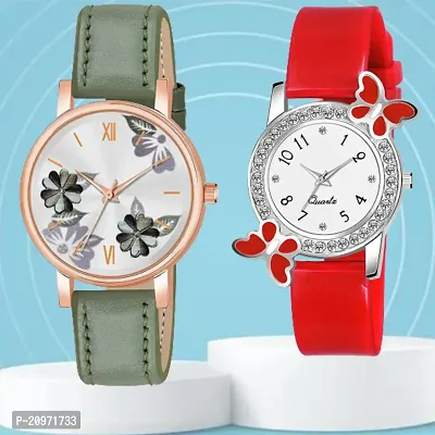 Green Flower Dial Green Belt Analog Watch With day-flying Design White Dial Red PU Belt For Women/Girls