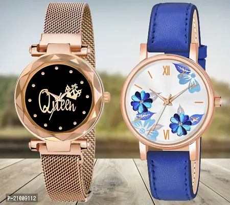 Queen Black Dial Megnetic Gold Mesh Strap Blue Flower Dial Blue Belt Analog Combo Watch For Girls/Women