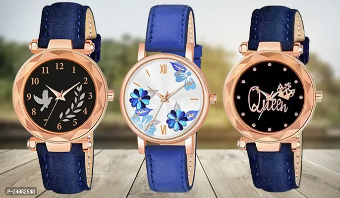 Multi Design Black Dial With Blue Leather Belt Analog Watch For Girls / Women Pack Of 3-thumb0