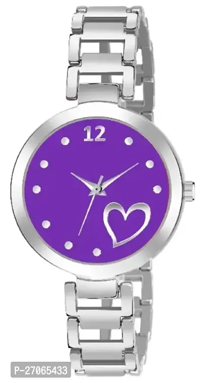 Unique Design Heart Love Purple Dial and Metal Mesh Silver strap Analog watch for girls and women-thumb0