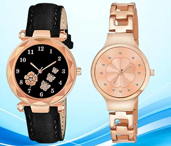 Classic Design Dial Leather Belt Analog Combo Watch for Girls and Women Pack Of 2