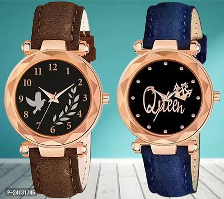 Bird Leaf Design Dial Brown Synthetic Leather Belt With Queen Dial Blue Synthetic Leather Belt Analog Watch For Girls / Women-thumb0