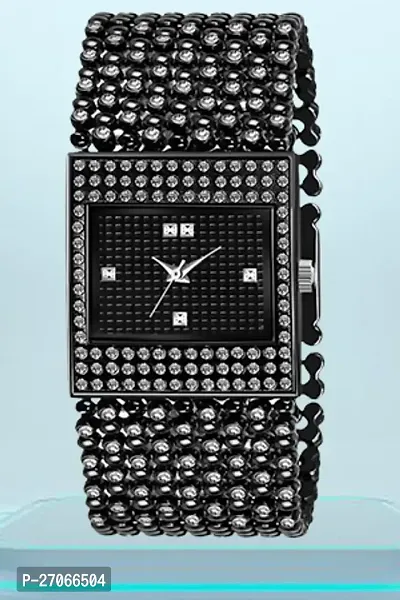 Diamond Studded  Rectangular Black Dial With Black Mesh Strap Bracelet Type Analog Watch For Women-thumb0