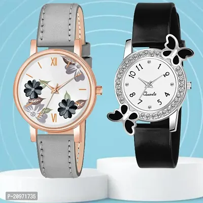 Grey Flower Dial Grey Belt Analog Watch With day-flying Design White Dial Black PU Belt For Women/Girls