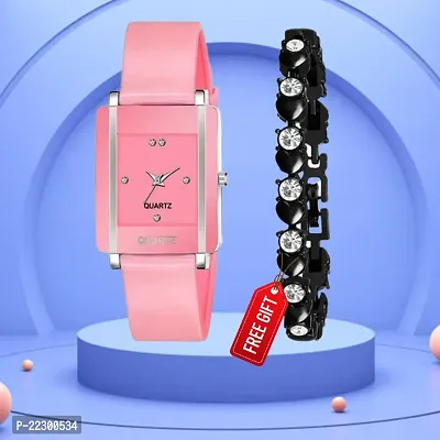 Rectangle Pink  Dial Pink PU Belt Analog Women Watch With Free Gift Diamond Black Bracelet