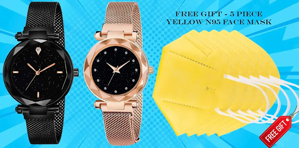 Diamond Studded Dial Magnetic Mesh Belt Women Analog Watch With Free Gift 5 Piece N95 Mask