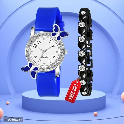 Butterfly Design Case White Dial Pu Blue Belt Analog Women Watch With Free Gift Diamond Black Bracelet Only For You